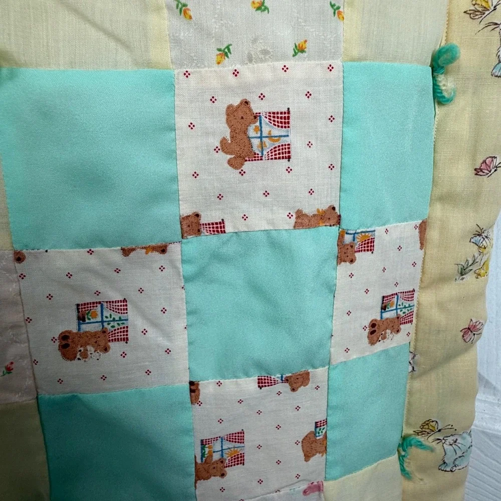 Vintage Handmade Patchwork Baby Quilt Pastel Teddy‎ Bear Bunny Blanket 38x53